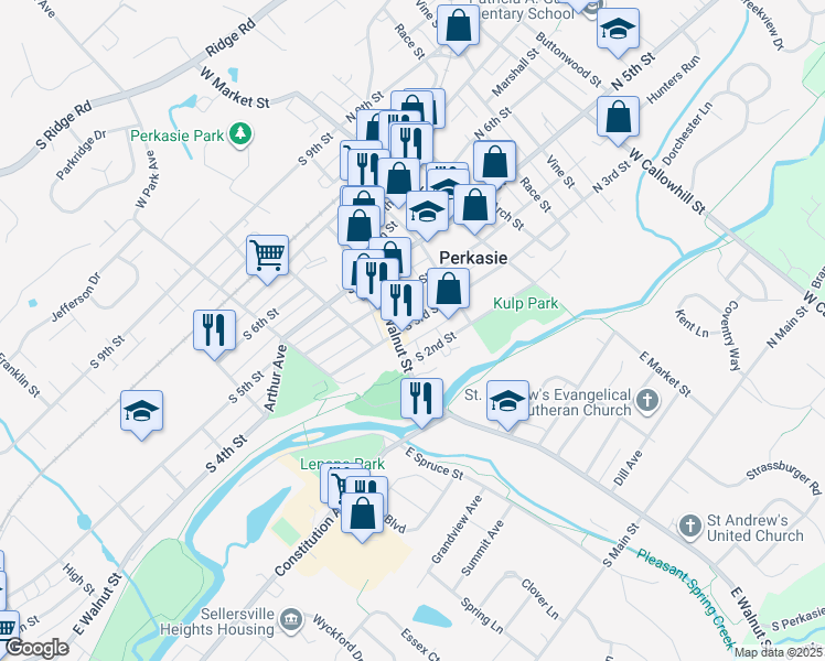 map of restaurants, bars, coffee shops, grocery stores, and more near 135 South 3rd Street in Perkasie