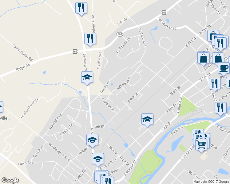 map of restaurants, bars, coffee shops, grocery stores, and more near 724 Lexington Way in Perkasie
