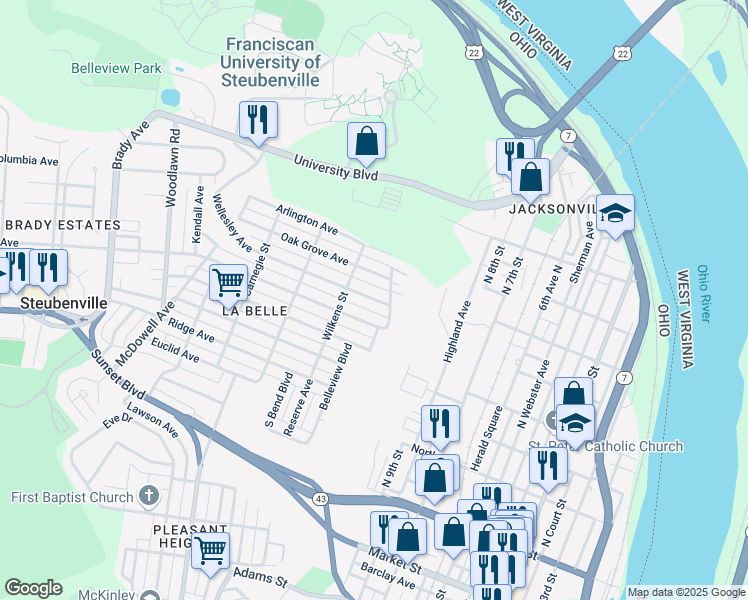 map of restaurants, bars, coffee shops, grocery stores, and more near 1118 Wellesley Avenue in Steubenville