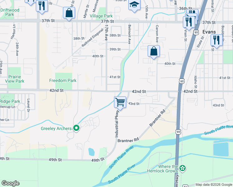 map of restaurants, bars, coffee shops, grocery stores, and more near 4245 Industrial Parkway in Evans