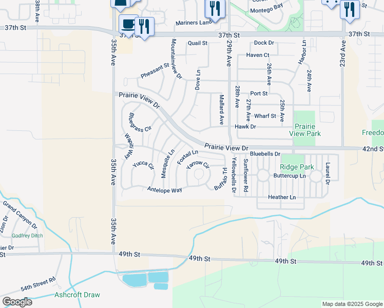 map of restaurants, bars, coffee shops, grocery stores, and more near 3073 Yarrow Circle in Evans