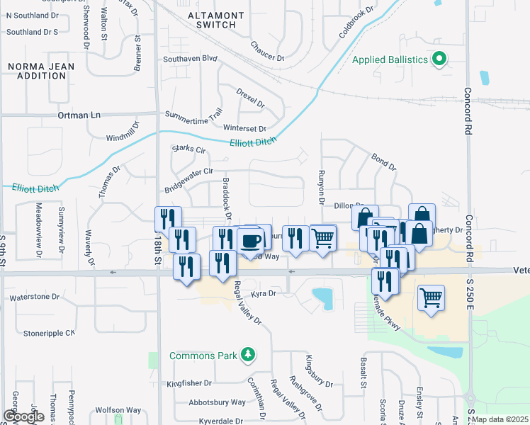 map of restaurants, bars, coffee shops, grocery stores, and more near 2110 Cliburn Road in Lafayette