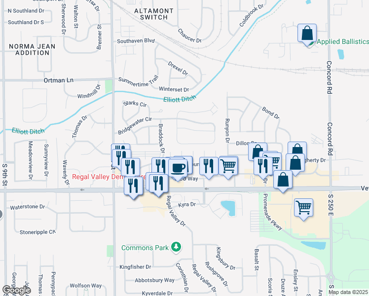 map of restaurants, bars, coffee shops, grocery stores, and more near 2110 Cliburn Road in Lafayette