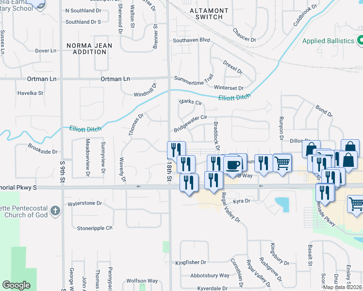 map of restaurants, bars, coffee shops, grocery stores, and more near 3567 S 18th St in Lafayette