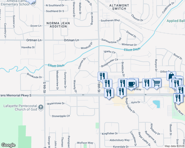 map of restaurants, bars, coffee shops, grocery stores, and more near 1709 Waverly Drive in Lafayette