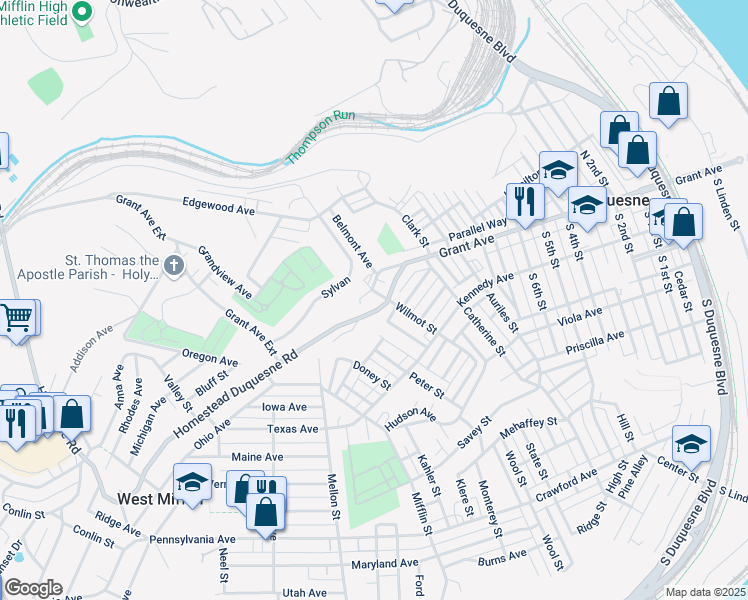 map of restaurants, bars, coffee shops, grocery stores, and more near 1116 Grant Avenue in Duquesne