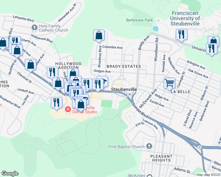 map of restaurants, bars, coffee shops, grocery stores, and more near 1900 Sunset Boulevard in Steubenville