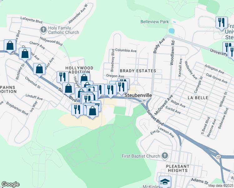 map of restaurants, bars, coffee shops, grocery stores, and more near 2002 Sunset Boulevard in Steubenville