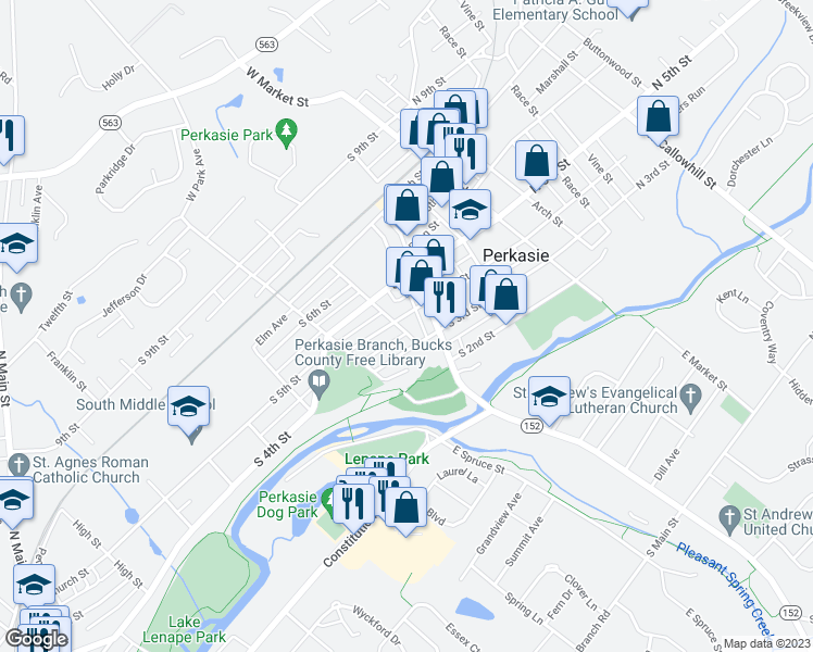 map of restaurants, bars, coffee shops, grocery stores, and more near 315 West Spruce Street in Perkasie