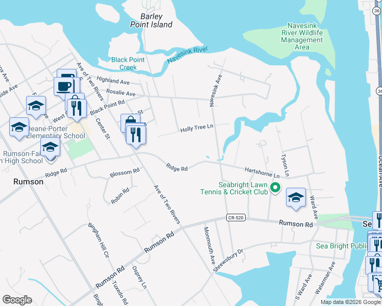 map of restaurants, bars, coffee shops, grocery stores, and more near 10 Ridge Road in Rumson