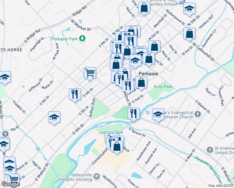 map of restaurants, bars, coffee shops, grocery stores, and more near 315 West Spruce Street in Perkasie