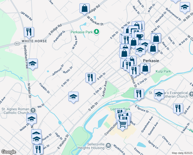 map of restaurants, bars, coffee shops, grocery stores, and more near 408 South 6th Street in Perkasie