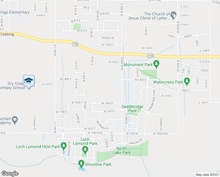 map of restaurants, bars, coffee shops, grocery stores, and more near 7615 North Lake Road in Lehi