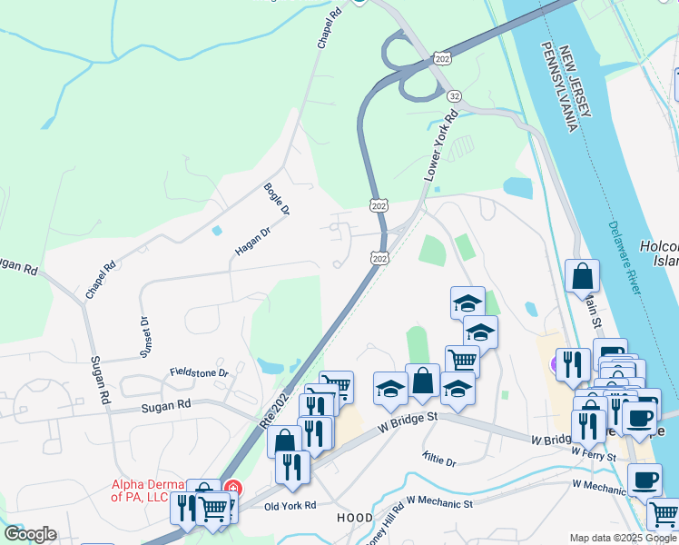 map of restaurants, bars, coffee shops, grocery stores, and more near 33 Creek Run in New Hope