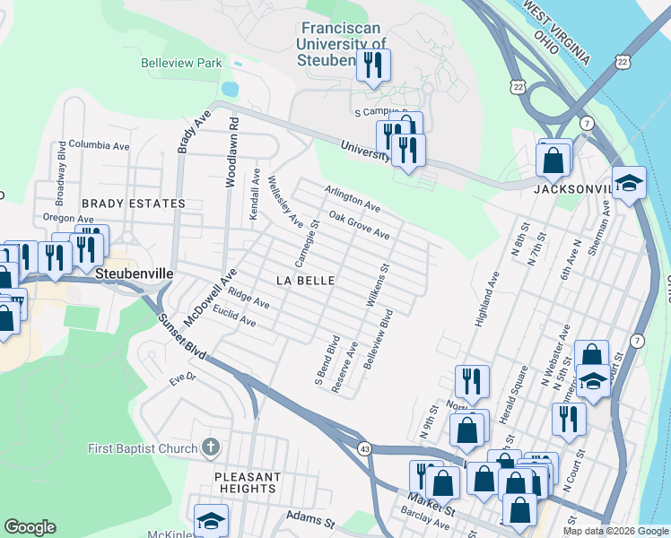 map of restaurants, bars, coffee shops, grocery stores, and more near 1316 Pennsylvania Avenue in Steubenville