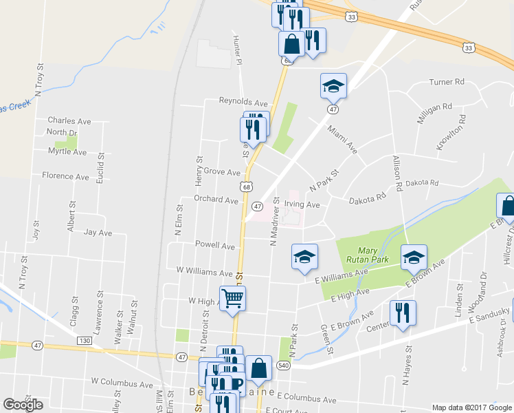 map of restaurants, bars, coffee shops, grocery stores, and more near 701 Rush Avenue in Bellefontaine