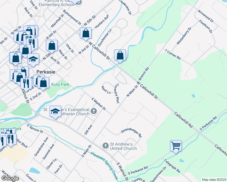 map of restaurants, bars, coffee shops, grocery stores, and more near 389 Kent Lane in Perkasie