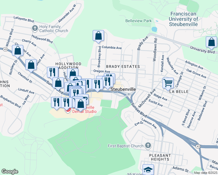 map of restaurants, bars, coffee shops, grocery stores, and more near 1900-1946 Sunset Boulevard in Steubenville