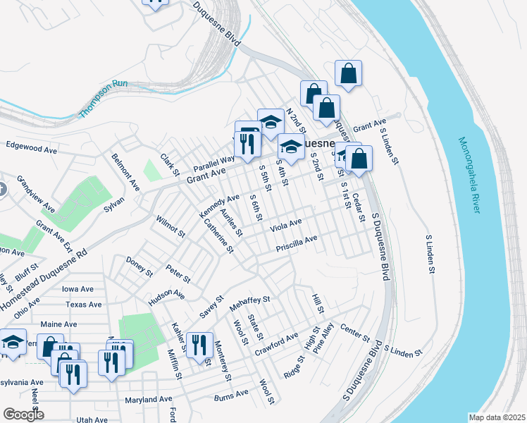 map of restaurants, bars, coffee shops, grocery stores, and more near 509 Line Alley in Duquesne