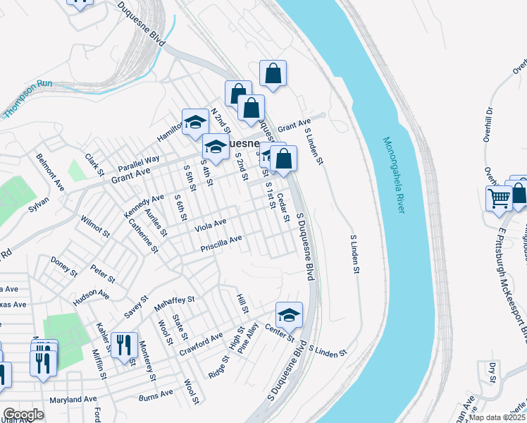 map of restaurants, bars, coffee shops, grocery stores, and more near 129 Viola Avenue in Duquesne