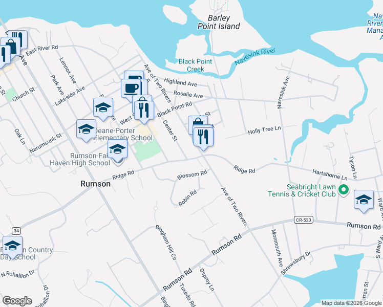map of restaurants, bars, coffee shops, grocery stores, and more near 26 Ridge Road in Rumson