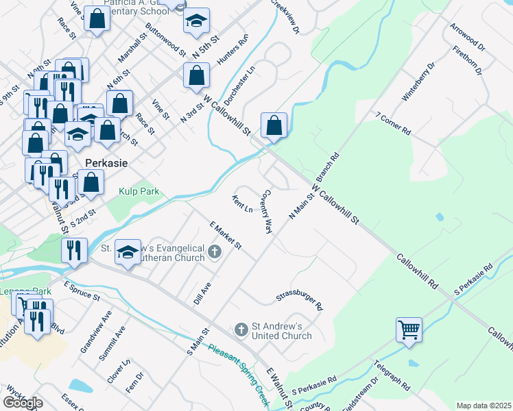 map of restaurants, bars, coffee shops, grocery stores, and more near 389 Kent Lane in Perkasie