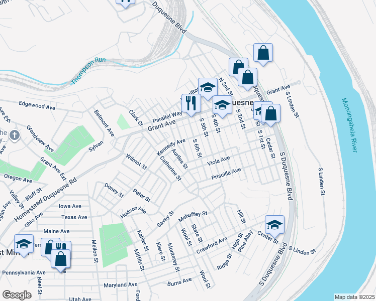 map of restaurants, bars, coffee shops, grocery stores, and more near 117 South 7th Street in Duquesne