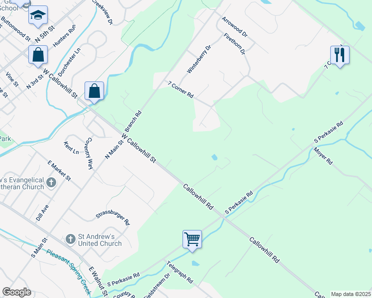 map of restaurants, bars, coffee shops, grocery stores, and more near 545 East Callowhill Street in Perkasie