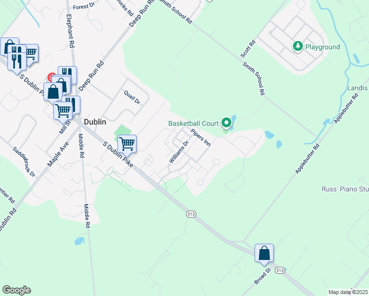 map of restaurants, bars, coffee shops, grocery stores, and more near 71 Williams Drive in Fountainville