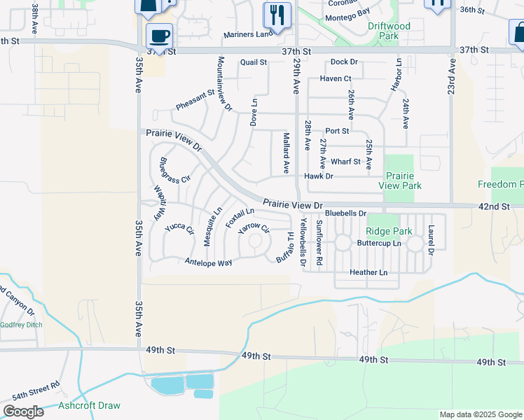 map of restaurants, bars, coffee shops, grocery stores, and more near Foxtail Lane in Evans