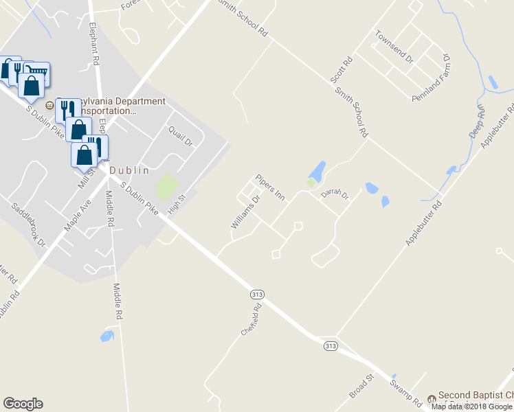 map of restaurants, bars, coffee shops, grocery stores, and more near 71 Williams Drive in Fountainville