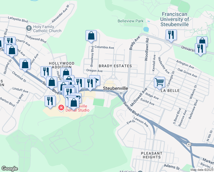 map of restaurants, bars, coffee shops, grocery stores, and more near 1900-1946 Sunset Boulevard in Steubenville