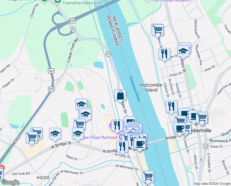 map of restaurants, bars, coffee shops, grocery stores, and more near 135 River Road in New Hope