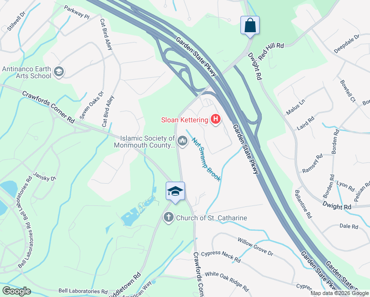 map of restaurants, bars, coffee shops, grocery stores, and more near 502 Red Hill Road in Lincroft