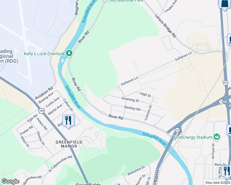 map of restaurants, bars, coffee shops, grocery stores, and more near 2426 Downing Street in Reading