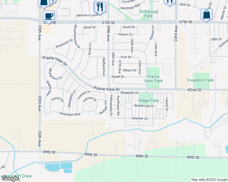 map of restaurants, bars, coffee shops, grocery stores, and more near 2715 Bluebells Drive in Evans