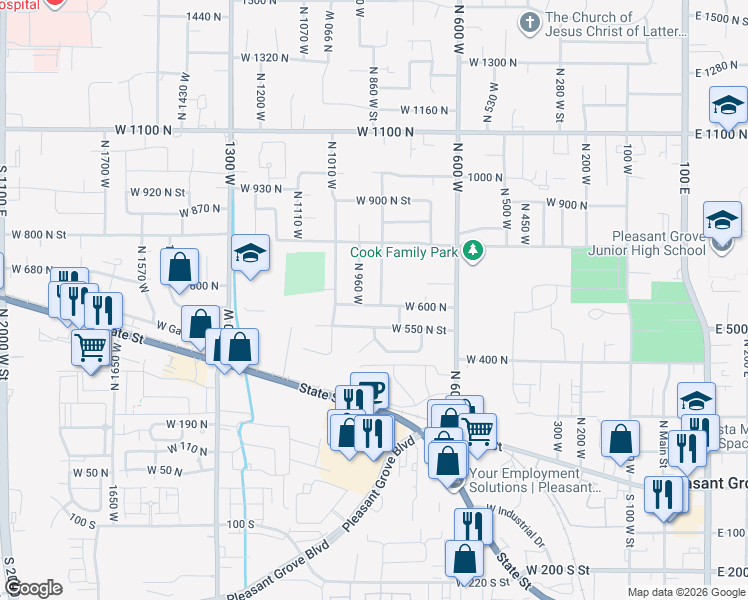 map of restaurants, bars, coffee shops, grocery stores, and more near 906 West 600 North in Pleasant Grove