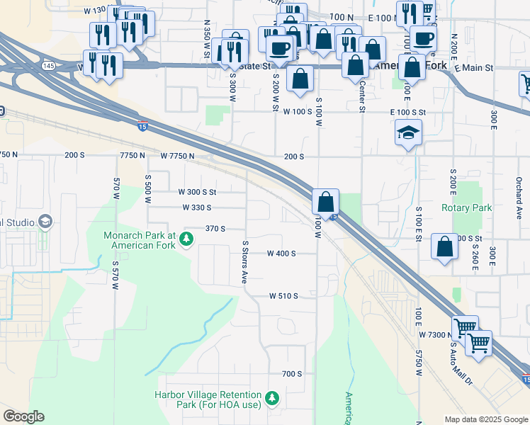 map of restaurants, bars, coffee shops, grocery stores, and more near 332 South 190 West Street in American Fork