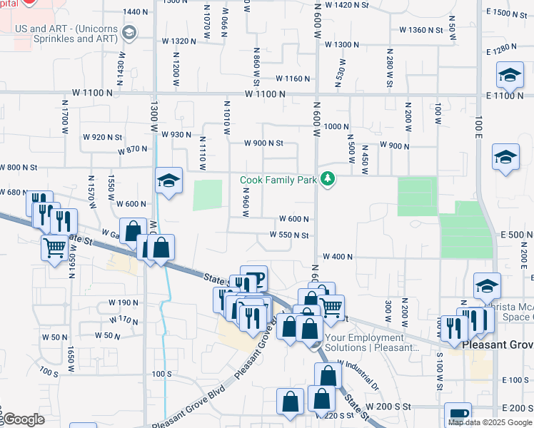 map of restaurants, bars, coffee shops, grocery stores, and more near 856 W 600 N in Pleasant Grove