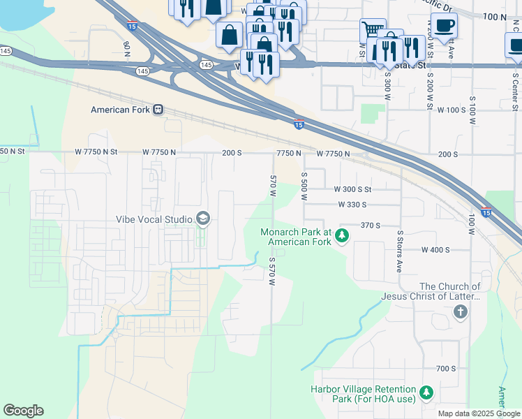 map of restaurants, bars, coffee shops, grocery stores, and more near 595 West 330 South in American Fork