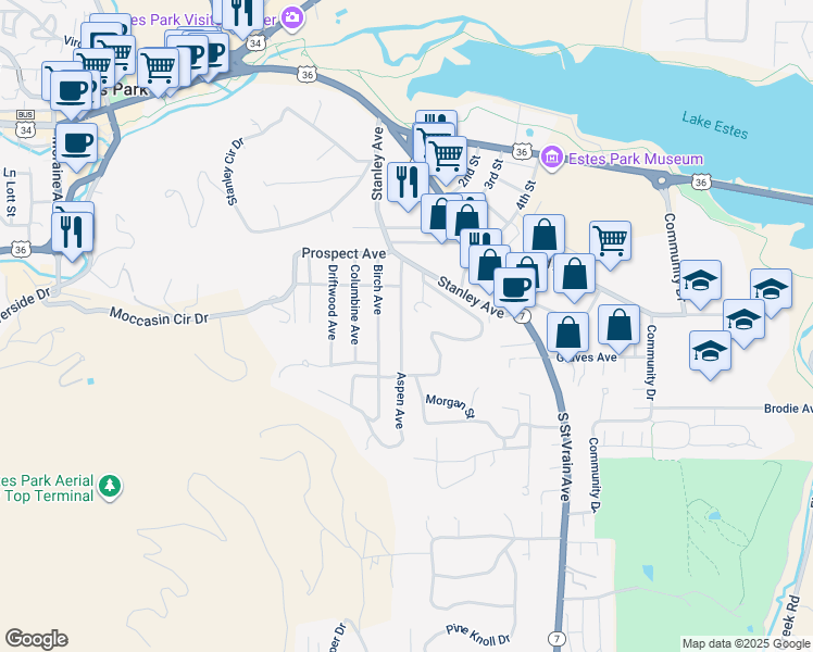 map of restaurants, bars, coffee shops, grocery stores, and more near 519 Aspen Avenue in Estes Park