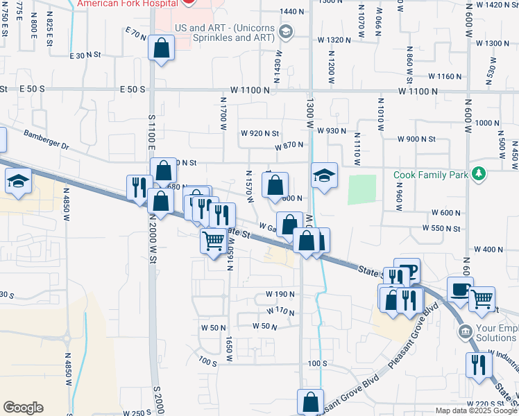 map of restaurants, bars, coffee shops, grocery stores, and more near 1550 West Garden Drive in Pleasant Grove