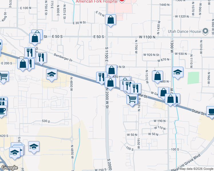 map of restaurants, bars, coffee shops, grocery stores, and more near 1092 East State Road in American Fork