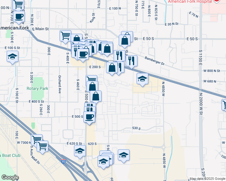 map of restaurants, bars, coffee shops, grocery stores, and more near 361 South 610 East in American Fork