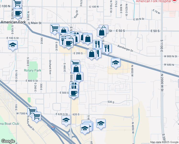 map of restaurants, bars, coffee shops, grocery stores, and more near 361 South 610 East in American Fork