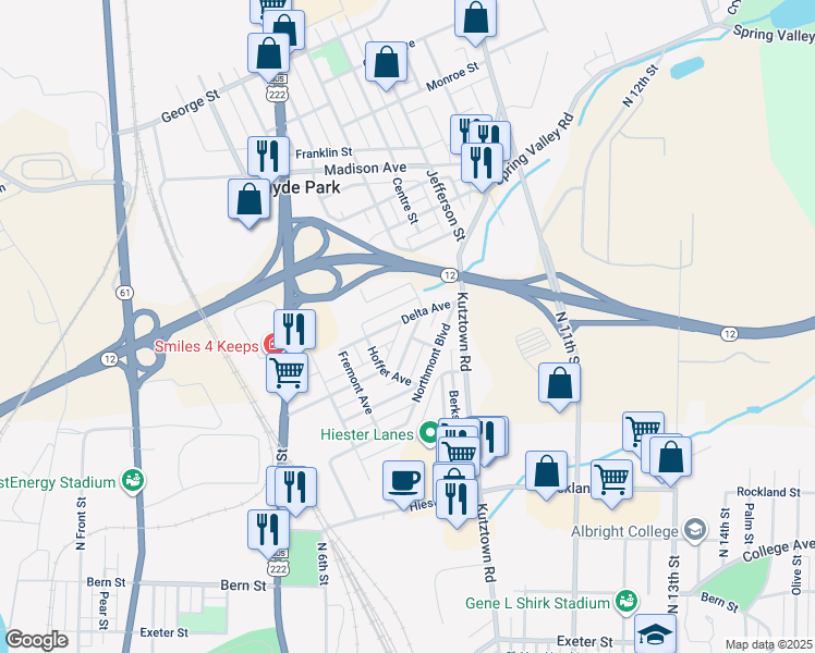 map of restaurants, bars, coffee shops, grocery stores, and more near 2246 Raymond Avenue in Reading