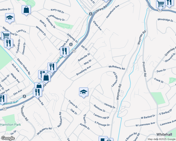 map of restaurants, bars, coffee shops, grocery stores, and more near 3201 McRoberts Road in Pittsburgh