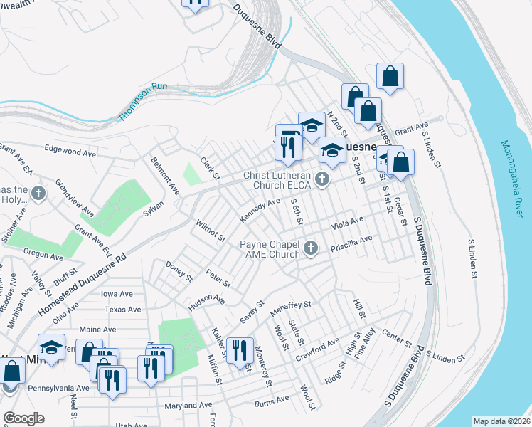 map of restaurants, bars, coffee shops, grocery stores, and more near 409 Catherine Street in Duquesne