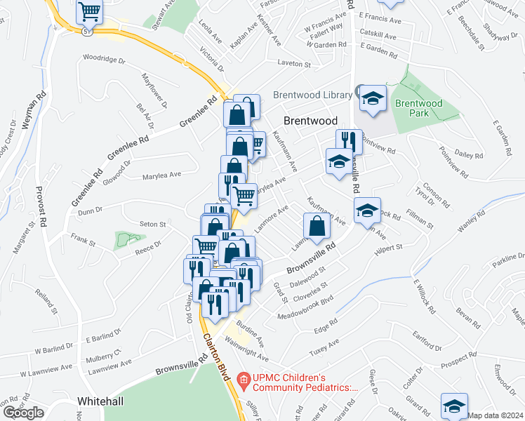 map of restaurants, bars, coffee shops, grocery stores, and more near 363 Olancha Avenue in Pittsburgh