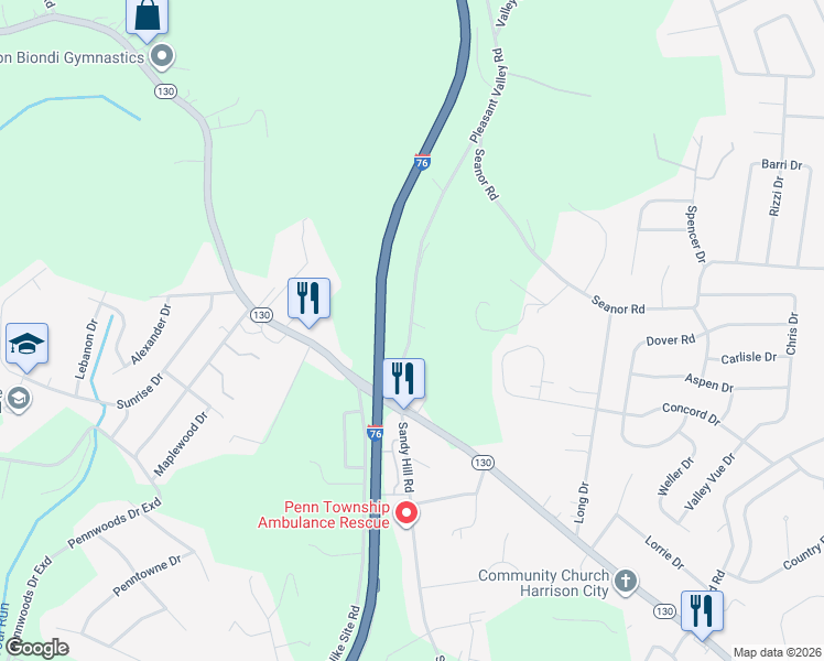 map of restaurants, bars, coffee shops, grocery stores, and more near 7055 Pleasant Valley Road in Irwin